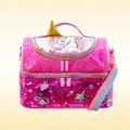 Close-up of holographic laser fabric on pink double-layer lunch bag with rainbow strap - Rose Red Pony