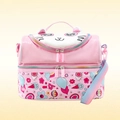 Detailed view of pink cartoon cat lunch bag with rainbow strap and dual-layer storage - Pink Cat