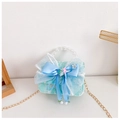Detail of light blue lace kids' purse featuring a satin bow and shell ornaments - Green Star