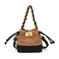 Chic quilted contrast bucket bag for kids with gold chain strap and drawstring closure - Khaki
