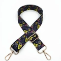 Detail of colorful geometric canvas bag strap with golden metal swivel hooks and buckles - Purple Pyramid Geometric