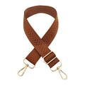 Close-up of caramel brown 3.8cm wide bag strap with golden metal swivel hooks - Gold Buckle / Brown