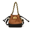 Mini bucket bag in brown quilted suede and black leather with gold chain strap - Brown