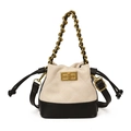Mini color-block bucket bag with quilted cream and black leather, featuring a gold chain - White