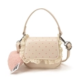 Creamy white crossbody bag with pink polka dots, lace trim and plush heart charm - White
