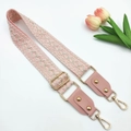 Pink embroidered bag strap with golden rivets and adjustable metal buckle on white surface - Gold Buckle / Pink
