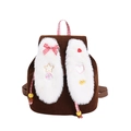 Brown corduroy kids backpack with large plush bunny ears and a cute red bow - Brown