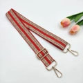 Ethnic wide bag strap with colorful embroidery and golden metal hooks on white background - Gold Buckle / Red