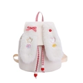 White corduroy kids backpack with plush rabbit ears and red plaid bow accents - Beige