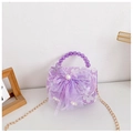 Mini purple girls crossbody bag with floral lace, oversized bow and pearl beaded handle - Purple