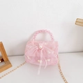 Sweet pink girls' mini handbag with lace fabric, large mesh bow, and pearl handle - Pink