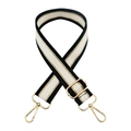 Detail of adjustable black, white, and gold striped wide fabric bag strap with gold hooks - Black and White Gold Thread