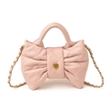 Pink quilted leather kids crossbody bag with large bow and gold flower chain strap - Pink