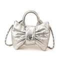 Silver bow-shaped crossbody bag with quilted pattern and metal flower for kids - Silver