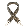 Close-up of zebra pattern wide bag strap with gold metal swivel hooks and adjustable buckle - Black Khaki Fine Lines