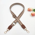 Adjustable 2.5cm bag strap with coffee chevron pattern and gold metal lobster clasps - Dark Khaki + Brown Leather