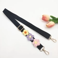 Black canvas wide shoulder strap with handmade crochet flowers and gold metal clips - Black Strap + Colorful Flower