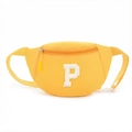 Kids trendy bright yellow waist bag featuring a white towel-embroidered P letter - Letter P Style / Bright Yellow