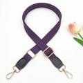 Close-up of adjustable purple woven strap with gold metal buckles and leather reinforcement - 19-Dark Purple + Black Leather