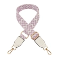 Close-up of adjustable purple and white woven strap with golden lobster clasps - Gold Buckle / Purple + White Leather