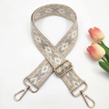 Detail of 3.8cm ethnic style embroidered wide strap with golden metal lobster clasps - 18-Khaki Silver Thread