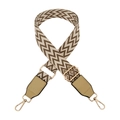 Detail of adjustable wave pattern canvas shoulder strap with leather ends and gold hardware - Beige Khaki + Khaki Leather