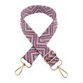 Adjustable wide woven shoulder strap featuring purple geometric patterns and gold metal hooks - Purple