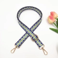 Detail of adjustable 2.5cm woven strap with blue-yellow geometric patterns and gold clips - Yellow Blue Purple Large V Pattern