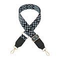 Macro detail of adjustable blue wave pattern wide strap with gold metal hooks and leather ends - Black Aqua with Black Leather