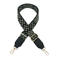 Detail of adjustable bag strap with green wave pattern and gold metal lobster clasps - Black Bean Green with Black Leather