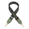 Detail of adjustable bag strap showing green diamond pattern and gold metal hooks - Black Bean Green with Bean Green Leather