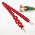 Adjustable bright red canvas wide strap for bags featuring handmade crochet floral accents - Gold Buckle / Red Strap + Red Flower