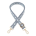 Detail of 2.5cm blue geometric jacquard strap with gold lobster clasps and metal buckle - Lake Blue