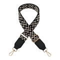 Close-up of adjustable wide shoulder strap with black and white wavy pattern and gold hooks - Black Beige with Black Leather