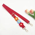 Red canvas bag strap with colorful handmade knit flowers and gold metal lobster clasps - Gold Buckle / Red Strap + Colorful Flower