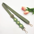Adjustable sage green knitted shoulder strap with handcrafted crochet floral accents - Gold Buckle / Green Strap + Green Flower
