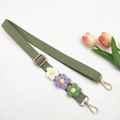 Green woven shoulder strap with handcrafted crochet flowers and gold metal hardware - Gold Buckle / Green Strap + Colorful Flower