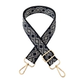 Close-up of navy blue geometric jacquard wide bag strap with gold metal lobster clasps - Black Dark Blue