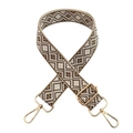 Close-up of geometric jacquard woven strap with golden metal swivel hooks and buckles - Beige Base Dark Khaki Rhombus