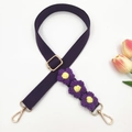 Detail of purple woven strap with handmade crochet daisy flowers and golden metal clasp - Gold Buckle / Deep purple