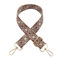 Close-up of geometric ethnic pattern bag strap with gold metal swivel snap hooks - Beige Base Coffee Rhombus