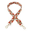 Detail of adjustable woven bag strap featuring orange and blue geometric patterns and gold clips - 15-Light Brown Orange