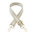 Close-up of shiny silver striped wide handbag strap with gold metal lobster clasps - Off White