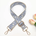 Detail of blue and beige jacquard woven bag strap with golden metal carabiner hooks - Silver Clasp / Beige Base Mist Blue