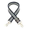 Close-up of jacquard arrow pattern strap with golden metal hooks and adjustable buckle - Style 19 Milan (Navy Blue Edge)