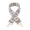 Detail of jacquard wide strap featuring purple geometric embroidery and gold carabiner hooks - Gold Buckle / Purple With Beige Base