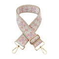 Macro view of geometric ethnic embroidery on adjustable jacquard strap with gold metal hooks - Gold Buckle / Beige Pink