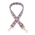 Detail of bohemian geometric woven strap with pink and blue diamond patterns and gold hooks - Style A-6