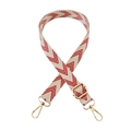 Detail of adjustable cream strap with red V-pattern and gold metal swivel snap hooks - Beige and Red