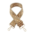 Detail of colorful jacquard nylon bag strap with gold metal swivel hooks and geometric patterns - Brown